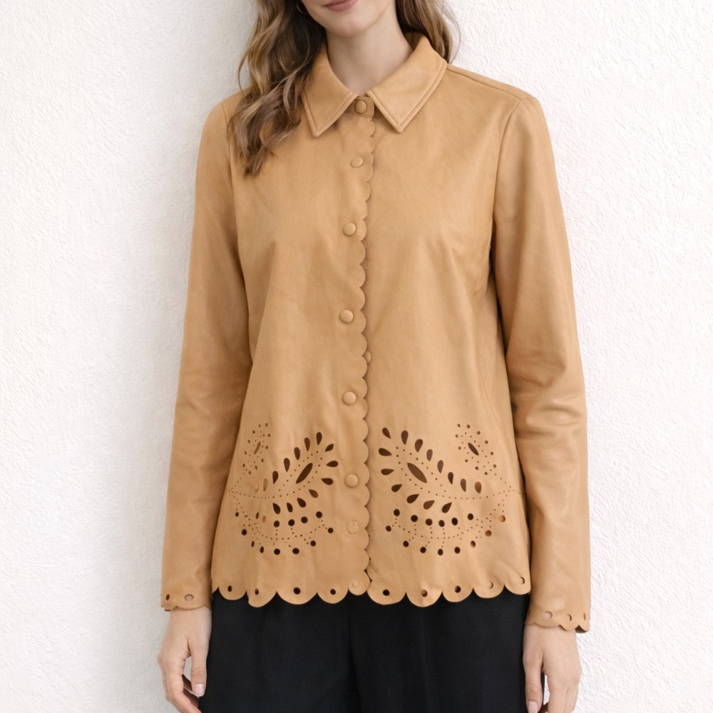 Marc New York Peachy Tan Vegan Leather Scalloped Laser Cut Jacket Small